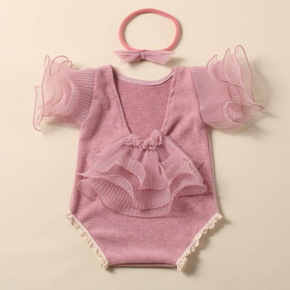 Newborn Photography Outfits Girl, Baby Girl Photo Props, Newborn Photoshoot Ruffles Outfits with Headband - color: Dark Rose
