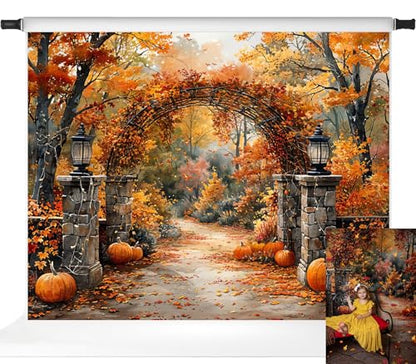 Kate Autumn Stone Arch Backdrops Pumpkin Photo Backdrop Fall Leaves Scenery Photography Backdrops for Seasonal Party Photo Studio Props, 10x8ft - size: 10x8ft