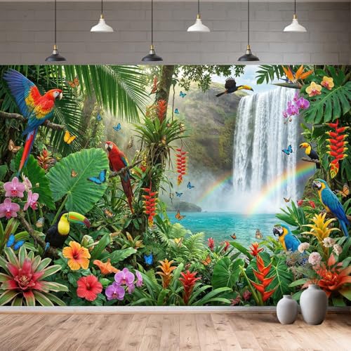 Tropical Rainforest Waterfall Backdrop, Jungle Parrot Bird Photography Background with Rainbow, Hawaiian Luau Party Decor for Kids Birthday, Baby Shower, Cake Table Photo Booth Props - color: Multi2, size: 7X5