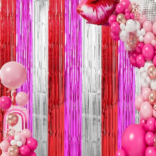 Valentine's Day Photo Booth Props Valentines Party Decorations Red Hot Pink Sliver Foil Fringe Curtain Photo Backdrop for Valentines Day Bridal Shower Pink Birthday 21st Decor 3 Pack,9.9x19.8ft