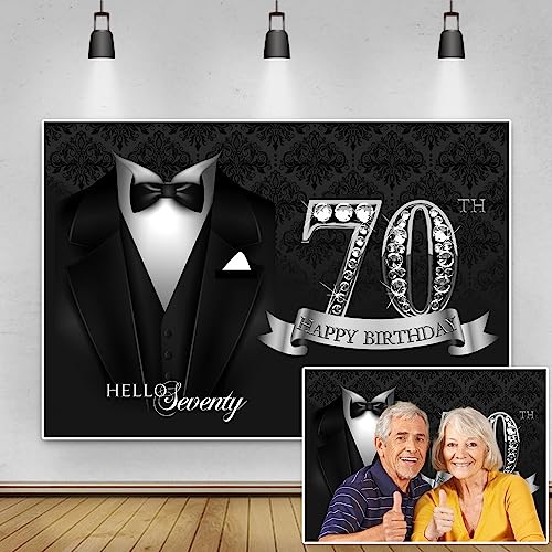 5x3ft Men 70th Birthday Tuxedo Backdrop Black Necktie Suit Tuxedo Silver Diamonds 70th Happy Birthday Photography Background Hello Seventy Father Grandpa Luxury Birthday Party Supplies - color: black silver 70, size: 5x3ft