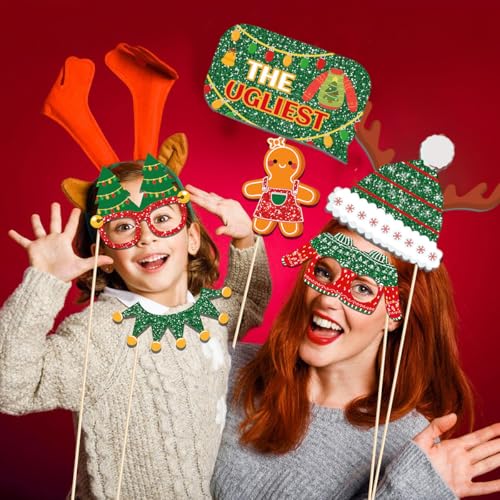 20 Pcs Christmas Ugly Sweater Photo Booth Props Xmas Theme Santa Claus Hat Reindeer Photo Props Selfie Photography for Xmas Winter Holiday Birthday Party Decorations Supplies
