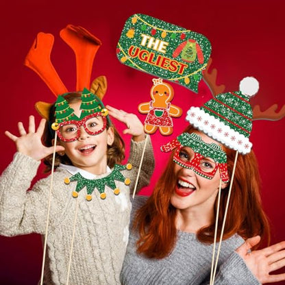 20 Pcs Christmas Ugly Sweater Photo Booth Props Xmas Theme Santa Claus Hat Reindeer Photo Props Selfie Photography for Xmas Winter Holiday Birthday Party Decorations Supplies