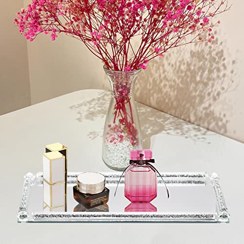 Glass Mirror Vanity Tray, 13.8" x 5.9" Crushed Diamond Silver Crystal Rectangular Perfume Makeup Display Tray, Jewelry Trinket Cupcake Holder for Home Decor Christmas Banquet Party Gift - color: Silver C