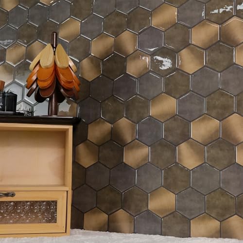 Peel and Stick Backsplash for Kitchen, New Upgrade Premium Hexagon Tile, Brown, Aluminum and PVC Composite Material, 10 Sheets 11.5" x 10" - color: Brown