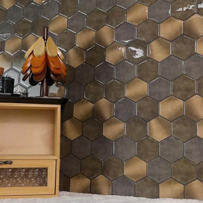 Peel and Stick Backsplash for Kitchen, New Upgrade Premium Hexagon Tile, Brown, Aluminum and PVC Composite Material, 10 Sheets 11.5" x 10" - color: Brown