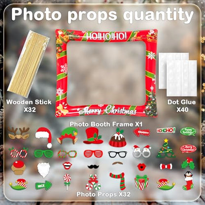 Christmas Photo Booth Props Inflatable Frame, 32Pcs Christmas Party Photo Booth Props with Inflatable Picture Frame Large for Xmas Holiday Party Selfie Supplies - color: Christmas