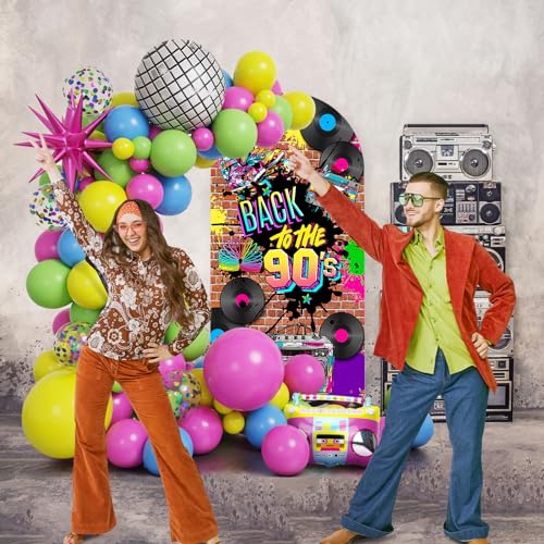 90'S Arch Backdrop Stand Cover 7.2ft Hip Hop Graffiti Brick Wall Retro Radio Fashion Birthday Photography Background Back to Party Arch Cover Fabric 2-Sided Round Top Backdrop Covers - color: 90's, size: 7.2FT