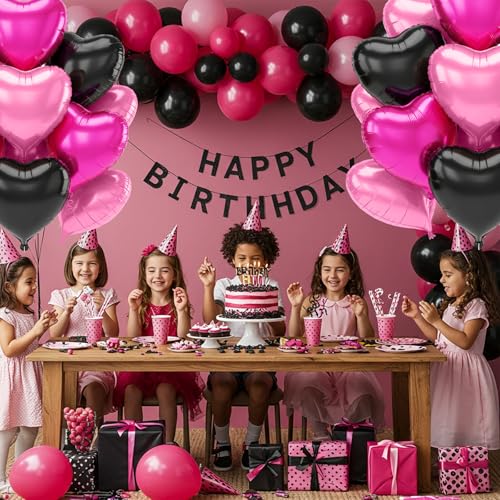 TONIFUL 30Pcs 18 Inch Black Pink Hot Pink Balloons Heart Shape Foil Mylar Banners Decoration for Birthday Valentine's Day Wedding Bridal Shower Anniversary Engagement Party Supplies - color: Black Pink Hot Pink