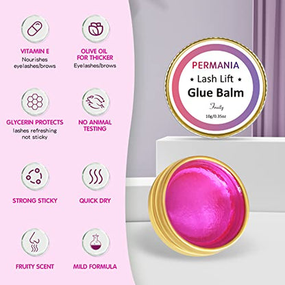 PERMANIA Lash Glue Balm, Eyelash Lifting Adhesives Strong Hold and Perfectly Shaped Eyebrows for Brow Lamination Kit, Lash Lift Balm Bright Colors & Fruity Flavours Fast Drying & Waterproof (Pink)