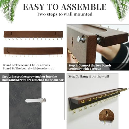 YYILIS Necklace Holder, Upgraded Extra Large Wall Necklace Organizer with 30 Hooks Wall Mounted Necklace Hanger with Jewelry Tray/Cosmetics Shelf Rustic Pine Wood Holder (Walnut) - color: Walnut
