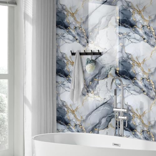 22pcs Marble Peel and Stick Waterproof Wall Panels,Heat-Resistant Backsplash Tile, 23.6"x11.8" PVC Foam Wall Sticker for Kitchen,Living Rooms,TV Walls,Blue and Gold(Not Real Tile 42.6Sq. Ft.) - color: Blue Marble Tiles, size: 23.6" x 11.8" x 2.5MM x 22Pac