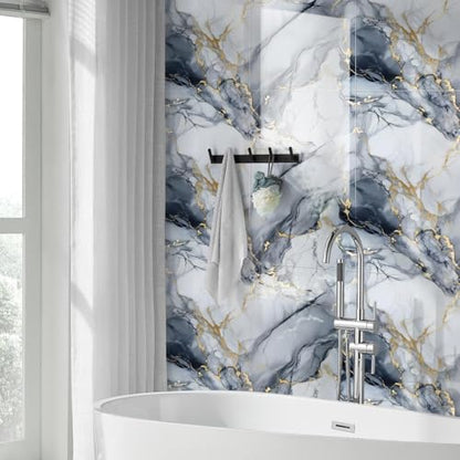 22pcs Marble Peel and Stick Waterproof Wall Panels,Heat-Resistant Backsplash Tile, 23.6"x11.8" PVC Foam Wall Sticker for Kitchen,Living Rooms,TV Walls,Blue and Gold(Not Real Tile 42.6Sq. Ft.) - color: Blue Marble Tiles, size: 23.6" x 11.8" x 2.5MM x 22Pac