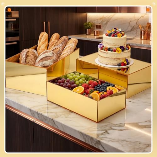 3 Pack Extra Large Acrylic Risers - 15”, 14”, 13” Gold Display Stands with Hollow Bottoms, Cube Buffet Riser Boxes Nesting for Dessert Food Catering Buffet Display Party Supplies - color: Gold, size: 15”,14”,13”