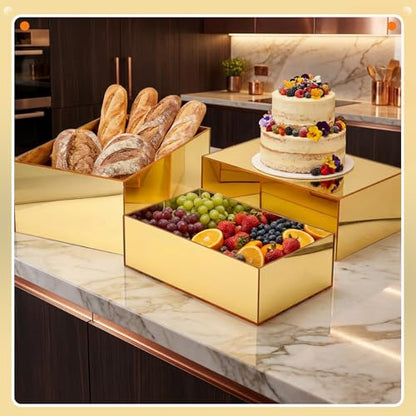 3 Pack Extra Large Acrylic Risers - 15”, 14”, 13” Gold Display Stands with Hollow Bottoms, Cube Buffet Riser Boxes Nesting for Dessert Food Catering Buffet Display Party Supplies - color: Gold, size: 15”,14”,13”