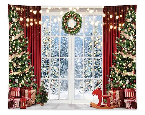 Allenjoy 118" x 95" Christmas Window Backdrop for Photography Winter Merry Xmas Tree Background Snow Holiday Photobooth Portrait Party Banner Festival Photo Studio Props Supplies - size: 118x95 in