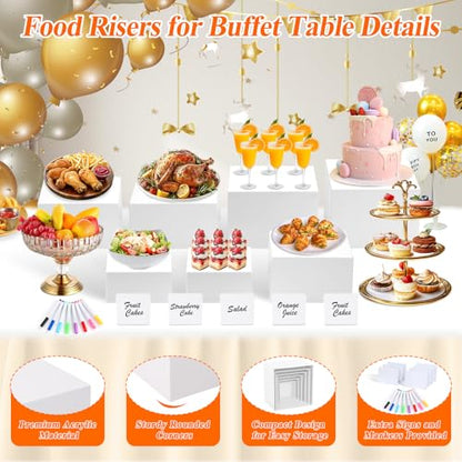 7Pcs White Acrylic Buffet Risers with Mini Sign and Marker, Food Display Risers for Party Catering Dessert Jewelry Collectibles,Acrylic Cube Nesting Boxes with Hollow Bottoms(8" 7.5" 7" 6.8" 6" 5" 5") - size: 8" 7.5" 7" 6.8" 6" 5" 5"