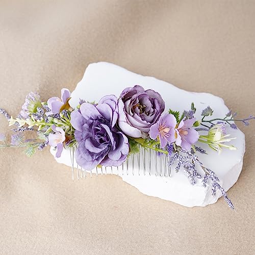 Purple Flower Hair Comb - Handmade Wedding Floral Combs Bridal Comb for Hair for Bride Bridesmaid Women Girls Prom Bridal Shower Maternity Shoot - color: Light Purple