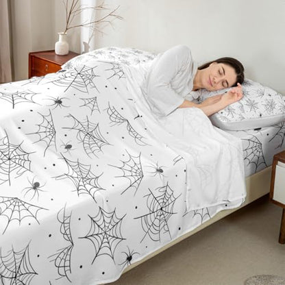 Feelyou Happy Halloween Bed Sheets Sets Full Size Kids Boys Girls Black White Cobweb Bedding Set Spider Bed Sheet Set with 16-Inch Deep Pockets 4Pcs with 2 Pillow Cases - color: Black and White, size: Full