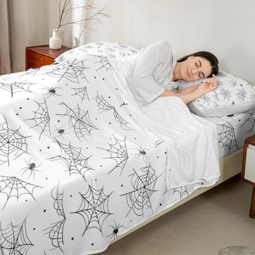 Feelyou Happy Halloween Bed Sheets Sets King Size Kids Boys Girls Black White Cobweb Bedding Set Spider Bed Sheet Set with 16-Inch Deep Pockets 4Pcs with 2 Pillow Cases - color: Black and White, size: King