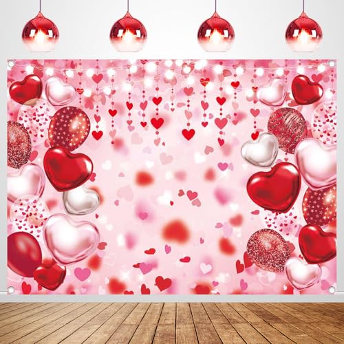 Valentine's Day Backdrop Red Pink Glitter Love Heart Valentines Photography Background Happy Valentines Day Bridal Shower Wedding Anniversary Party Decor Banner Photo Booth Props (7x5FT(82 x 59 inch))