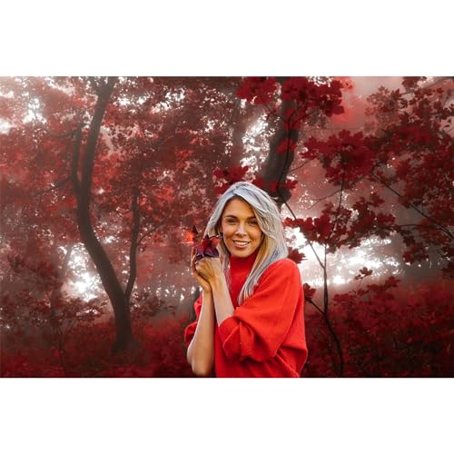 8x6ft Fall Maple Leaves Backdrop Autumn Scenery Misty Red Maple Forest Photography Background Natural Landscape Maple Trees Thanksgiving Party Kids Adults Travel Decor Banner Photo Props - size: 8x6ft