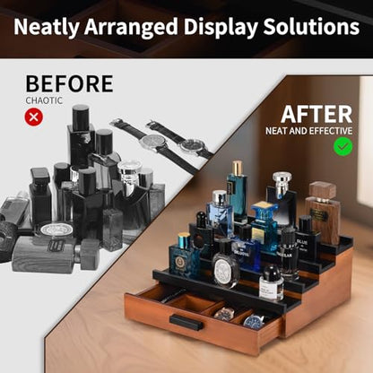Perfume Organizer for Men, 4 Tier Wood Perfume Display Stand with Velvet Lining Drawer and Hidden Compartment for Watch,Jewelry,Perfume Display Risers,A Gift for Men (Black+Walnut) - style: 4 Tier - BlackWalnut
