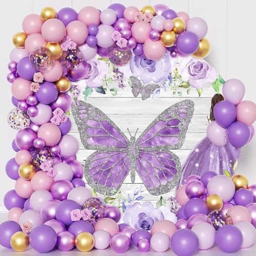 YongFoto Sweet Girl Princess Round Backdrop Cover 6.5ft Wood Texture Silver Sequin Butterfly Purple Camellia Floral Photography Background Quinceanera 15th Birthday Party Decor Cake Table Banner Booth - size: 6.5ftx6.5ft