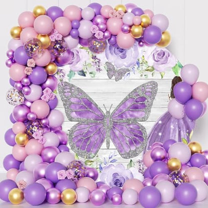 YongFoto Sweet Girl Princess Round Backdrop Cover 5ft Wood Texture Silver Sequin Butterfly Purple Camellia Floral Photography Background Quinceanera 15th Birthday Party Decor Cake Table Banner Booth - size: 5ftx5ft