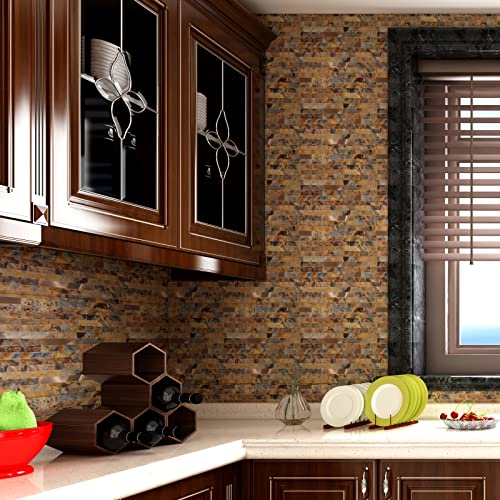Yipscazo Peel and Stick Stone Metal Backsplash, Stick on Tiles for Backsplash Kitchen (Brown Stone Rock, 10-Pack) - color: Brown Stone Rock