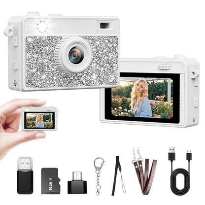 Mini Camera - 2K Mini Digital Camera with 16GB Card, Long Battery Life,Travel Vlog & Photo Shooting Anytime,Fashion Accessories, Necklace & Keychain Camera, Gifts for Friends and Women,White