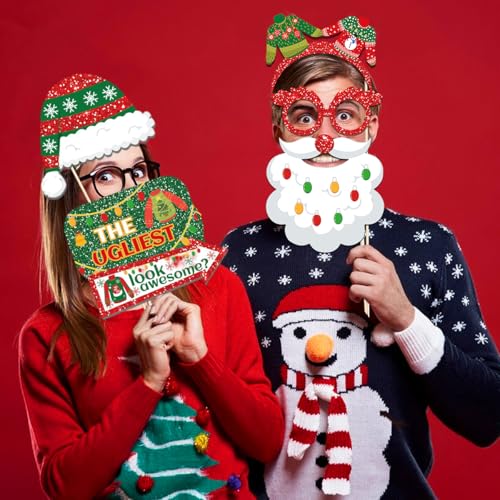20 Pcs Christmas Ugly Sweater Photo Booth Props Xmas Theme Santa Claus Hat Reindeer Photo Props Selfie Photography for Xmas Winter Holiday Birthday Party Decorations Supplies