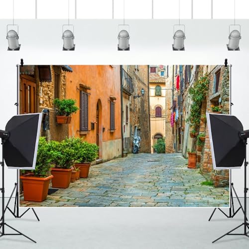 Laeacco 12x8ft Italy Old Town Small Narrow Alley Street Landscape Backdrop European Building Green Vine Italian Style Backdrop Travel Theme Birthday Party Photo Studio Prop Festival Room Decoration - size: 12x8ft