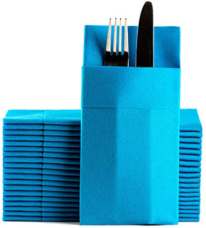 Moyes Home Blue Disposable Dinner Napkins with Pocket - Linen-Feel Pre-Folded Cloth-Like Paper Napkins for Silverware, Weddings, Dinner Parties, 16x16 in, Pack of 50 - color: Blue