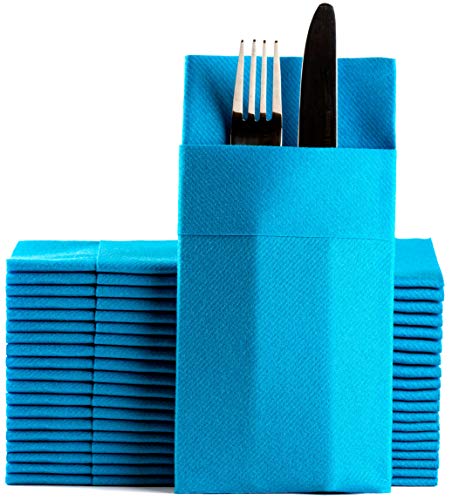 Moyes Home Blue Disposable Dinner Napkins with Pocket - Linen-Feel Pre-Folded Cloth-Like Paper Napkins for Silverware, Weddings, Dinner Parties, 16x16 in, Pack of 50 - color: Blue