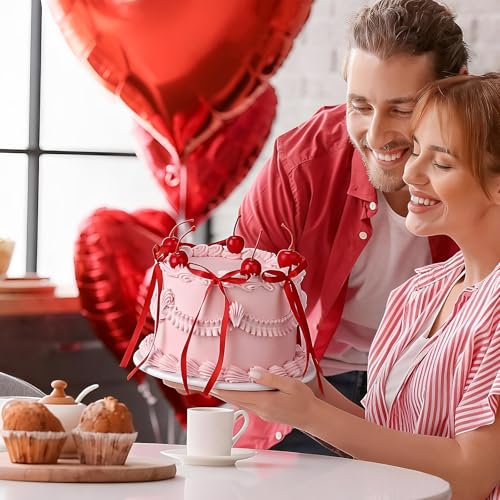 Shappy Cherry Bow Cake Decoration Pink Fake Cake with Realistic Artificial Cherries Toppers and Bows Coquette Room Decor for Birthday Wedding Bridal Shower Party Supplies Dessert Display Photo Props