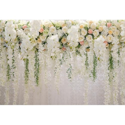 14x10ft Wedding Backdrop White Curtain Floral Wedding Ceremony Photography Background Bridal Shower Party Decor Lover Engagement Proposal Prom Banner Newborn Baby Shower Party Vinyl Wallpaper - size: 14 x 10 ft