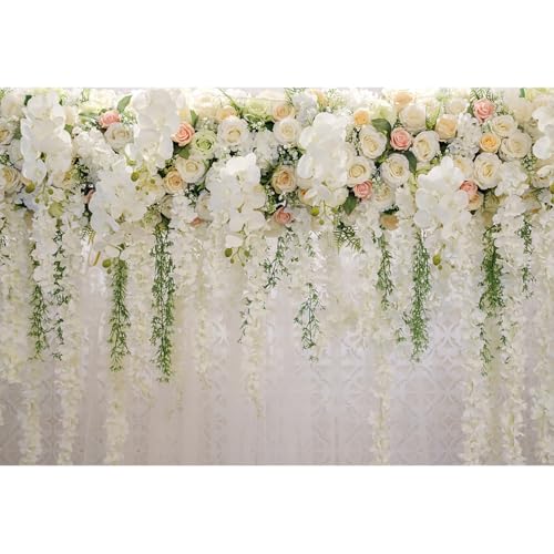 12x8ft Wedding Backdrop White Curtain Floral Wedding Ceremony Photography Background Bridal Shower Party Decor Lover Engagement Proposal Prom Banner Newborn Baby Shower Party Vinyl Wallpaper - size: 12 x 8 ft