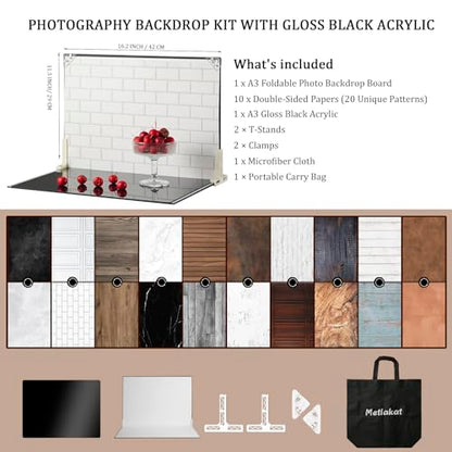 Food Photography Backdrops with Gloss Black Acrylic, 10 Pcs 20 Patterns Photo Backdrop Board, Waterproof Tabletop Small Shooting Kit for Creator, Metlakat