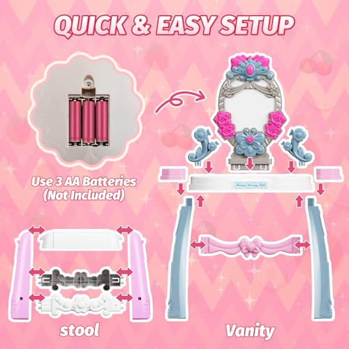 VViN Kids Vanity Set for Girls with Light & Music, Princess Vanity Table with Stool, Pretend Makeup Dresser with Crown, Scepter, Gloves & Jewelry Accessories, Toys for 3 4 5 Year Old