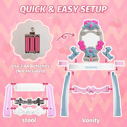 VViN Kids Vanity Set for Girls with Light & Music, Princess Vanity Table with Stool, Pretend Makeup Dresser with Crown, Scepter, Gloves & Jewelry Accessories, Toys for 3 4 5 Year Old