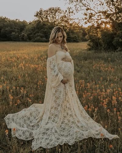 Saslax Soft Stretchy Lace Off Shoulder Doubly Split A-line Skirt Maternity Dress Pregnancy Maxi Gown for Photoshoot - color: Champagne, size: Large