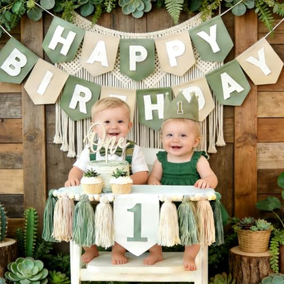 Sage Green 1st Birthday High Chair Decorations- First Birthday Banner Wild One Highchair banner 1st birthday boy with Tassels, Crown & One Cake Topper, Boho 1st Birthday Party Supplies photo props - color: Green
