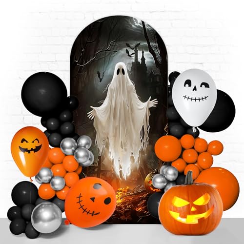 Halloween Arch Backdrop Stand Cover 7.2ft Skeleton, Ghost Pumpkin Bat, Party, Spandex Arch Cover Horror Style Backdrop Fabric 2-Sided with Fall Pumpkin Spooky Witch Round Top for Halloween Party - color: Halloween2, size: 7.2FT