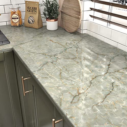 Green Marble Contact Paper for Countertops Waterproof Granite Peel and Stick Wallpaper Decorative Vinyl Contact Paper for Kitchen Cabinets Table Top Cyan Marble Wallpapers for Backsplash 15.8"x78.7" - size: 15.8" x 78.7"