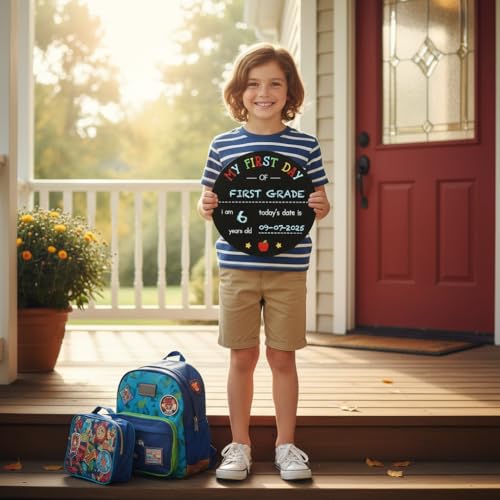 Kate & Milo First and Last Day of School Chalkboard Sign, Reversible Round Back to School Photo Prop with Chalk, Kids Milestone Board - style: Round School Days Chalkboard