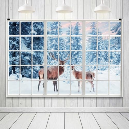 8x6ft Winter Snow Reindeer Photo Backdrop Snow Forest Window View Photography Backdrop Snow Background Photo Prop Christmas Winter Tapestry for Wall Decor - size: 8x6ft-Polyester