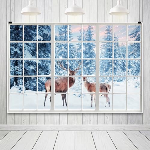 10x6.5ft Winter Snow Reindeer Photo Backdrop Snow Forest Window View Photography Backdrop Snow Background Photo Prop Christmas Winter Tapestry for Wall Decor - size: 10x6.5ft-Polyester