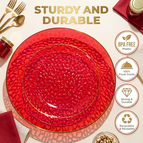 I00000 150Pcs Red Plastic Plates with Gold Rim,Fancy Plastic Plates,Red hammer patterned Disposable plates Set include 30 Dinner Plate,30 Dessert Plate,90 plastic Silverware Set for Valentine's Day - color: Clear and red