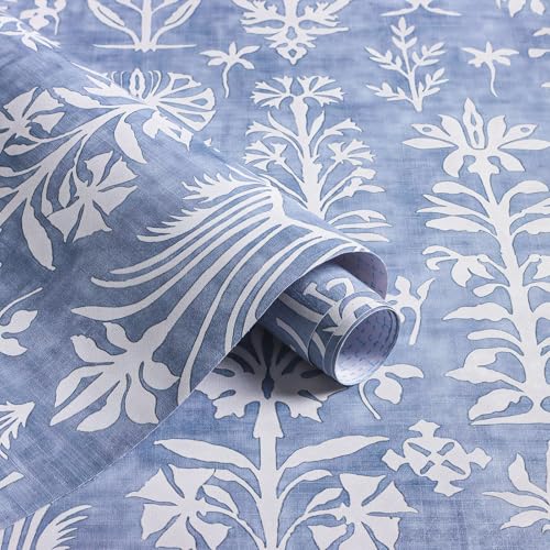 Nukofal Vintage Peel and Stick Wallpaper Blue Contact Paper 16.9inchx118.1inch Boho Textured Wallpaper Blue Floral Self Adhesive Removable Wall Paper for Bedroom Cabinets Retro Decorative Vinyl - color: Blue